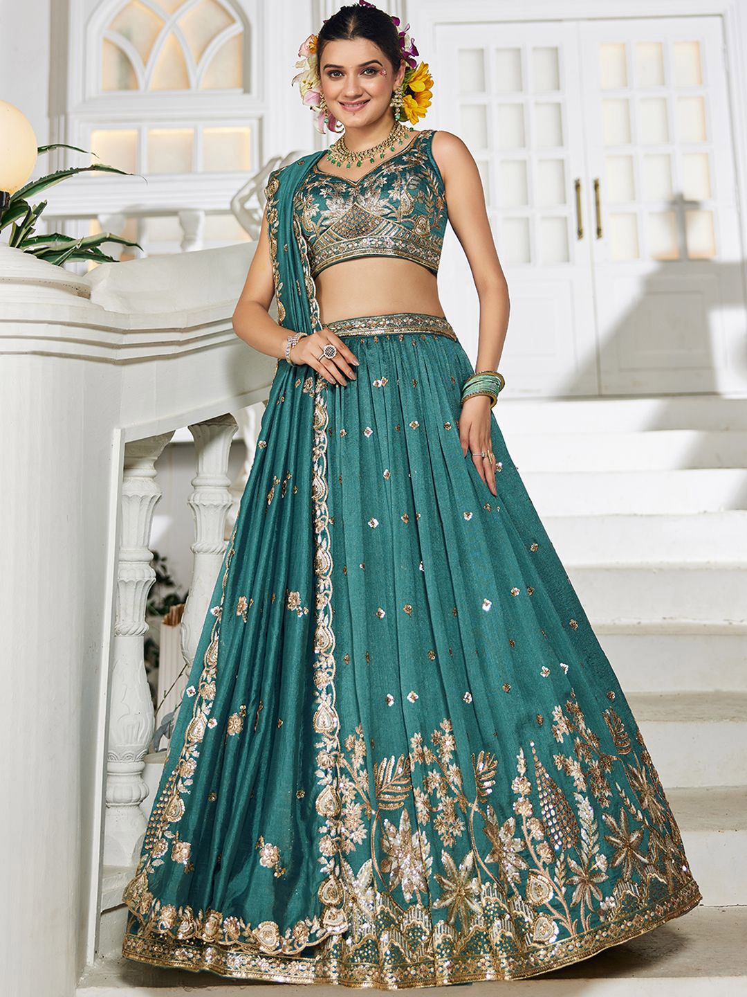 panchhi Teal Embroidered Sequinned Semi-Stitched Chiffon Lehenga & Unstitched Blouse With Dupatta