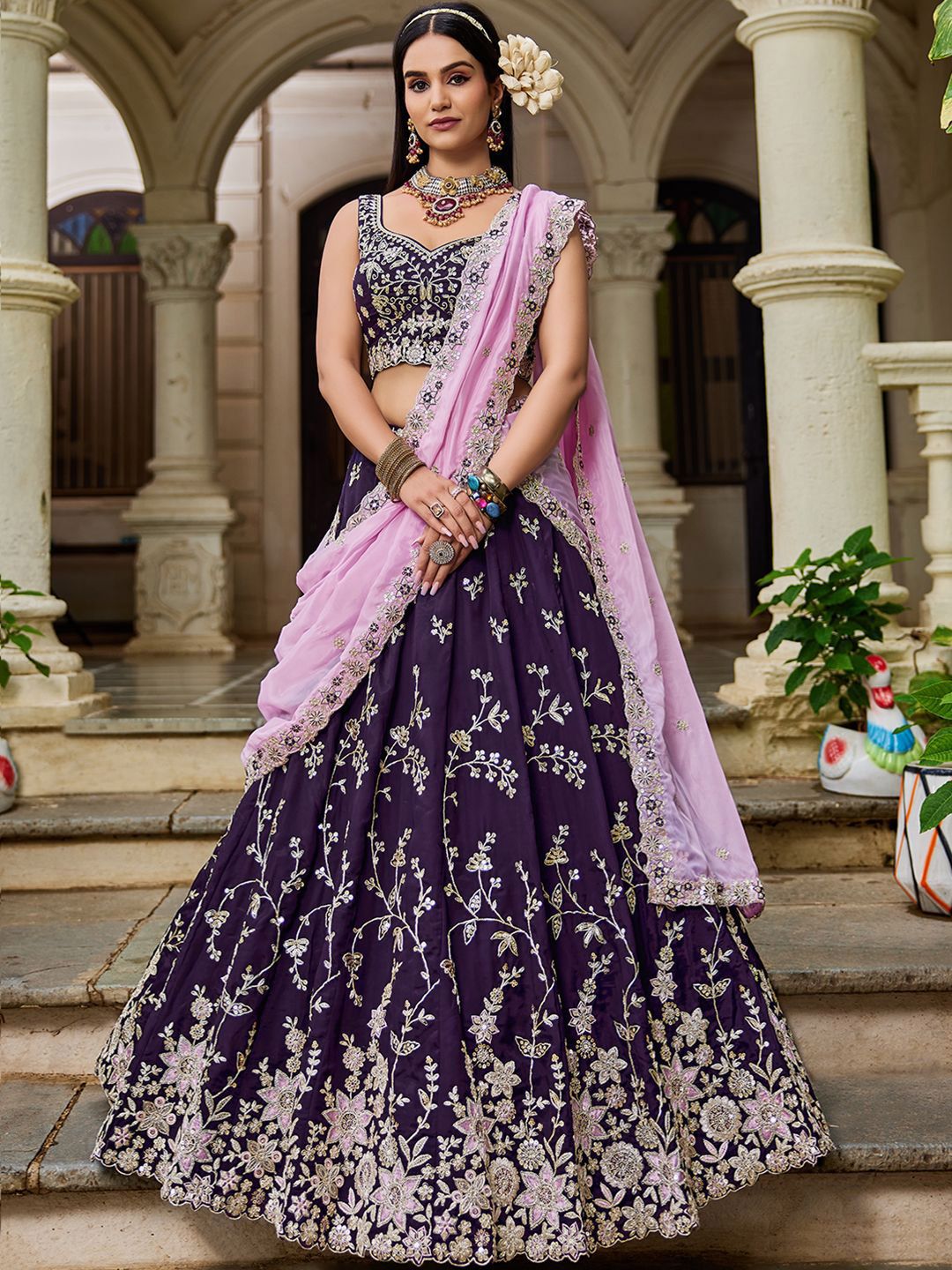panchhi Magenta Embroidered Sequinned Organza Semi-Stitched Lehenga & Blouse With Dupatta