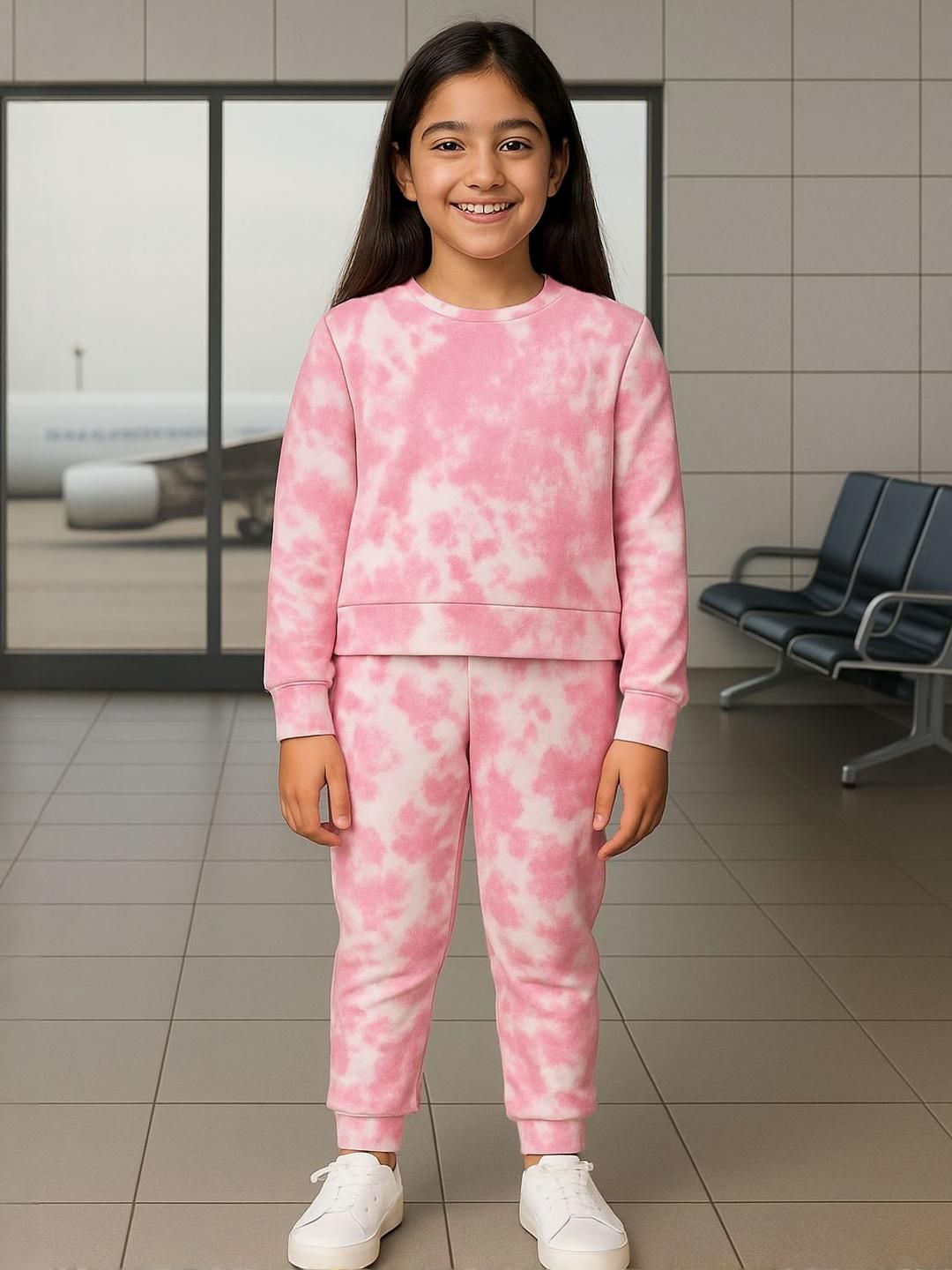 UNICORNS Girls Pink & White Cotton Full Sleeves Tie and Dye T-shirt & Joggers Set