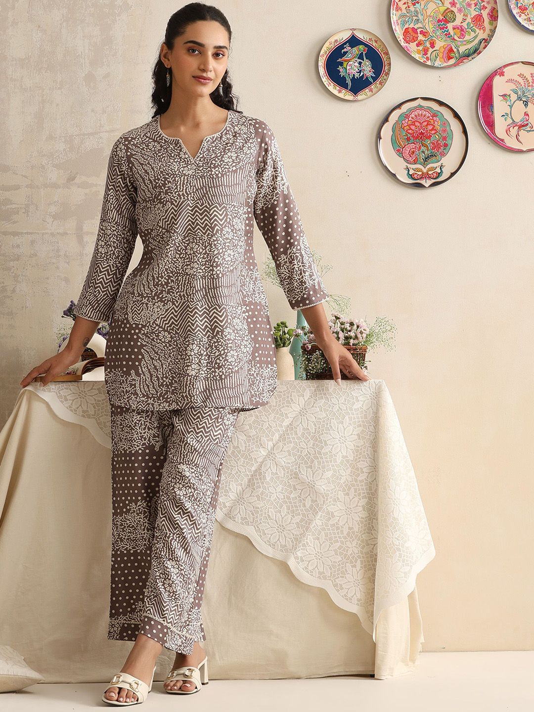 Buy ETC X Fwd Brown & White Printed V Neck Tunic With Trousers -  - Apparel for Women