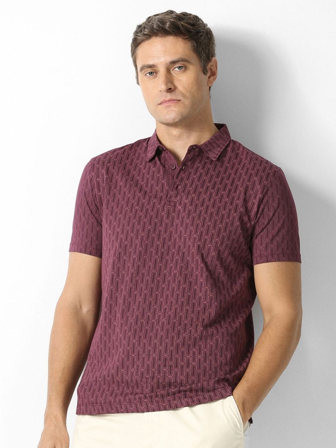 Van Heusen Men Geometric Self Design Polo Collar Cotton T-shirt