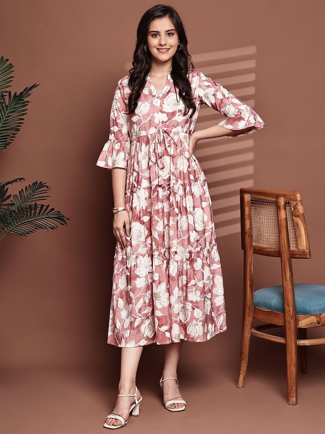 Claura Women Floral Print Pink Mandarin Collar Bell Sleeve Fit and Flare Silk Midi Dress