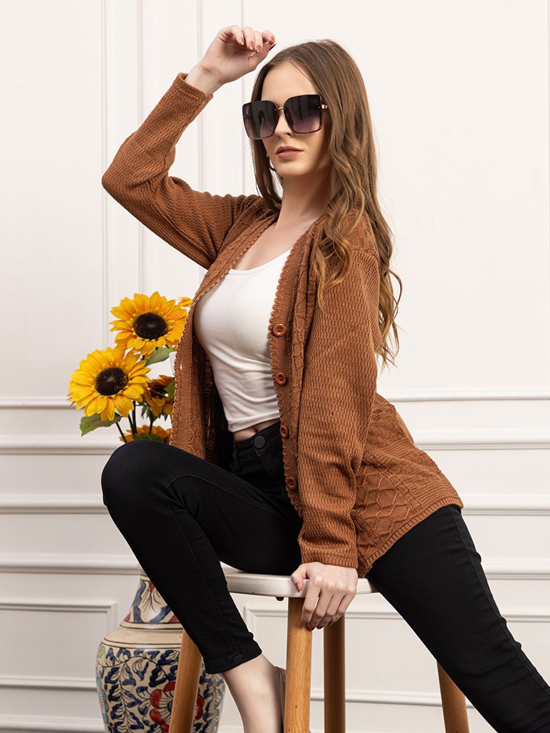 Dadu Dayal Women V-Neck Cable Knit Woollen Cardigan