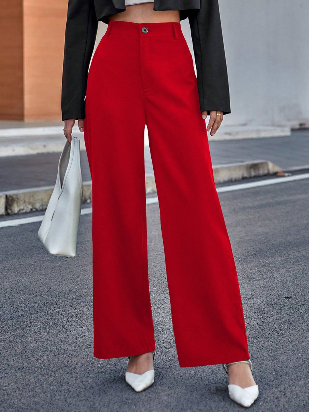 KERI PERRY Women Relaxed Straight Leg High-Rise Wide Leg Regular Trousers