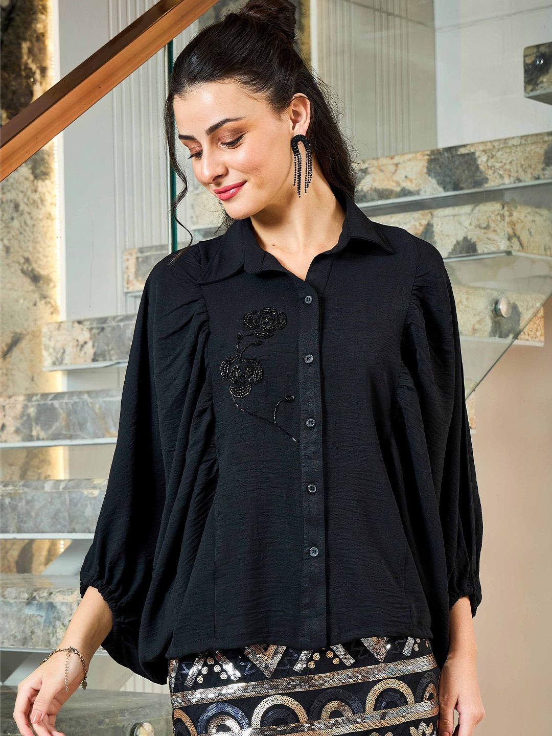 Shally Bhasin by Athena Women Floral Embroidered Batwing Sleeve Blouson Top