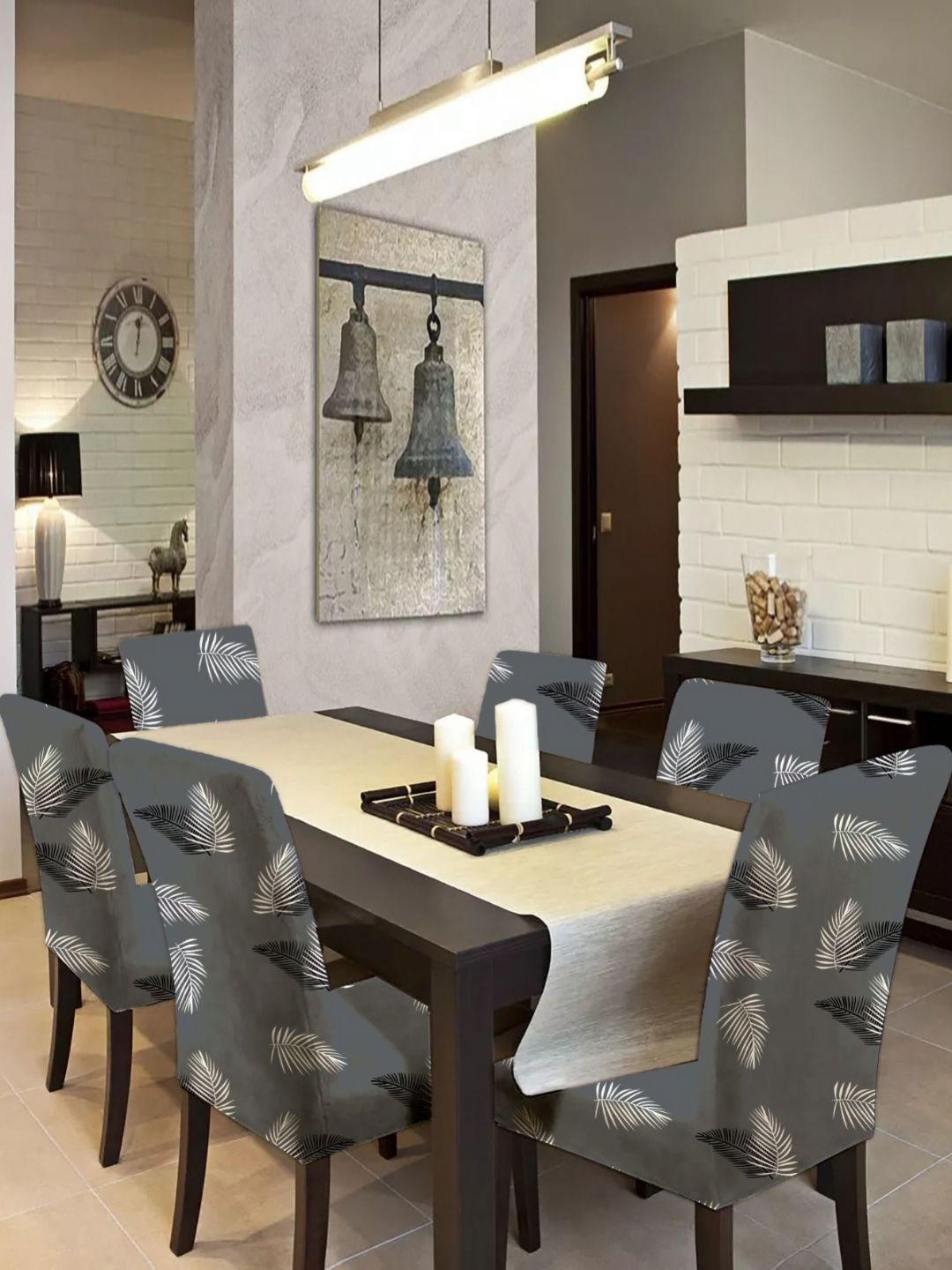Myntra Elegant Homes Grey & White 6 Pieces Printed Super Stretchable Chair Covers