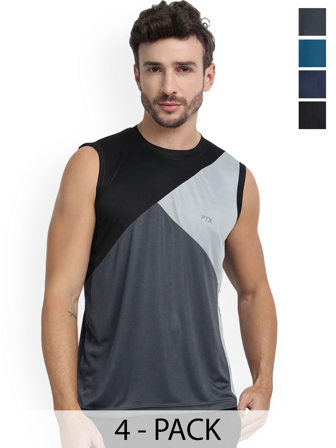FTX Pack Of 4 Color Blocked Round Neck Sleeveless Gym Innerwear Vests