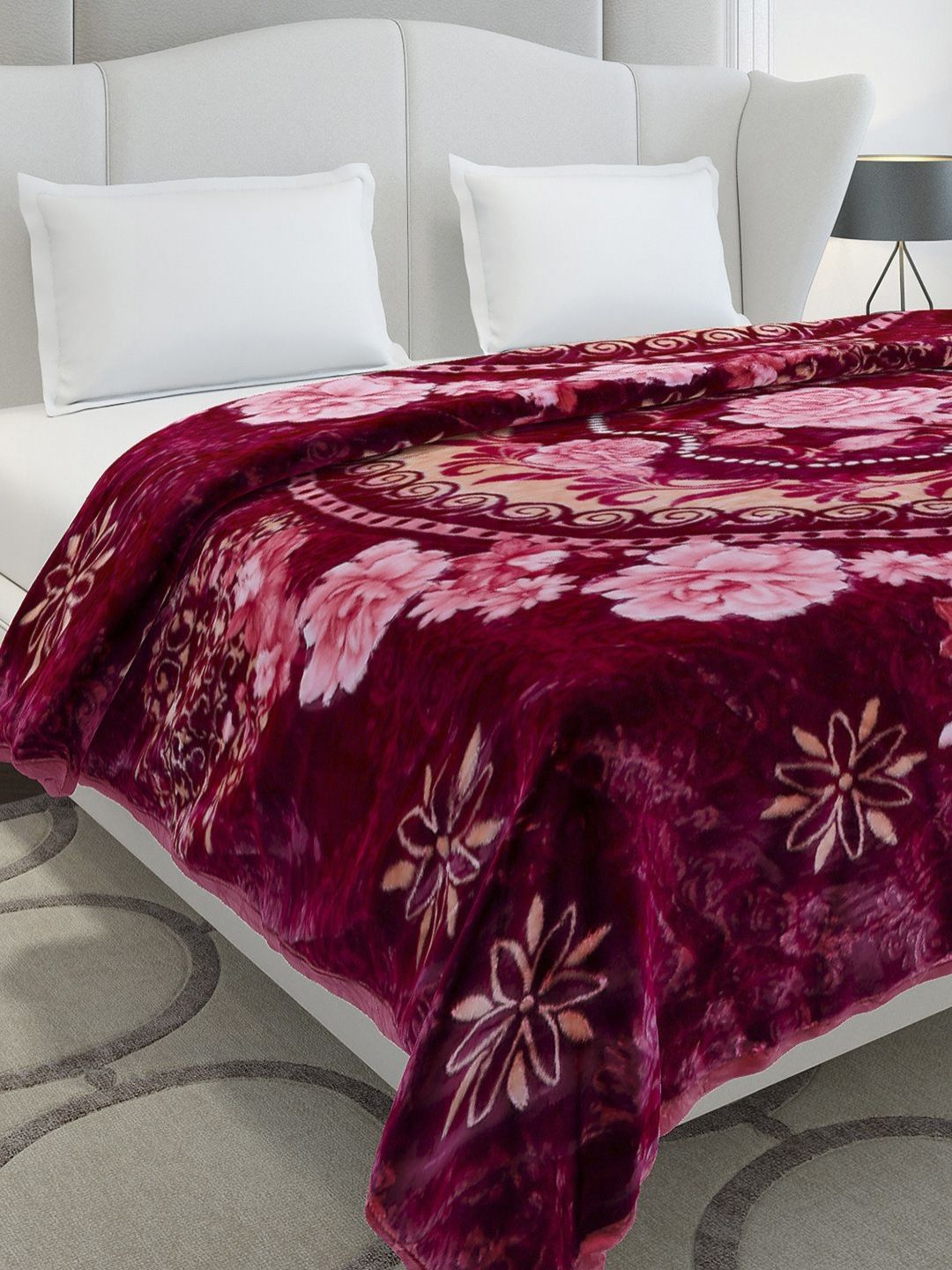 Buy Monte Carlo Marshal Maroon & Pink Printed Heavy Winter Double Bed Blanket 852 GSM -  - Home for Unisex