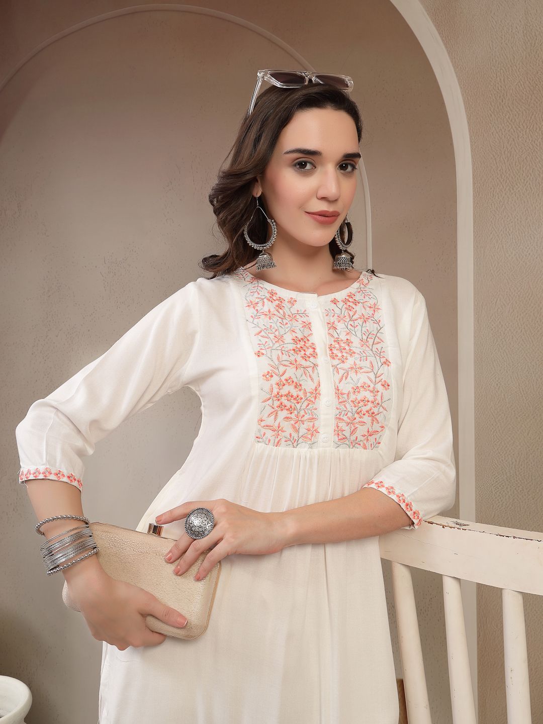 Tzelynn Floral Yoke Design Pleated Thread Work Straight Kurta