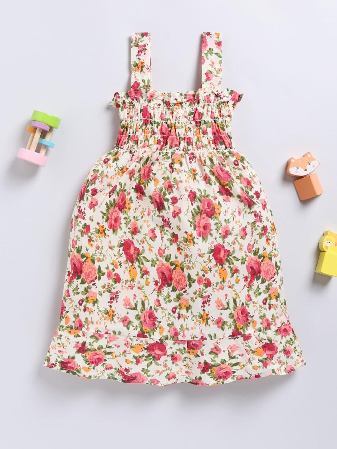 CHANDRIKA Girls Beige & Red  Floral Printed Shoulder Strap Dress