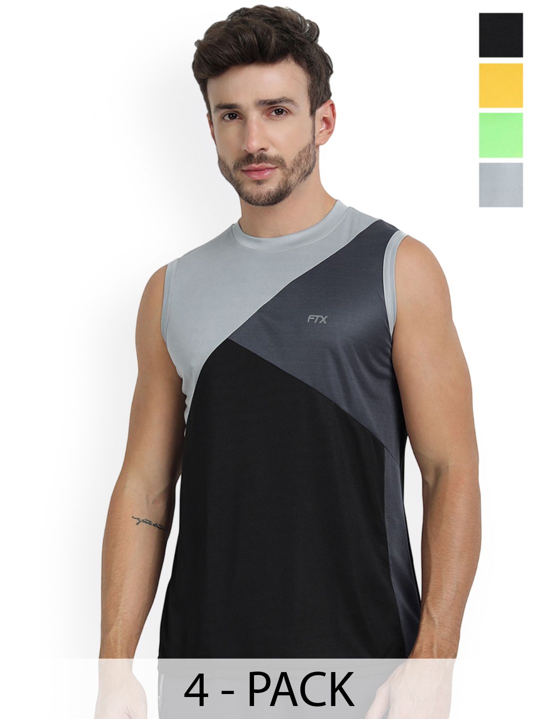 FTX Men Pack Of 4 Colourblocked Dry-Fit Gym Vests