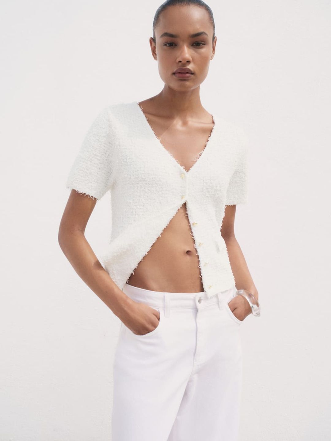 MANGO Faux Fur V-Neck Cardigan