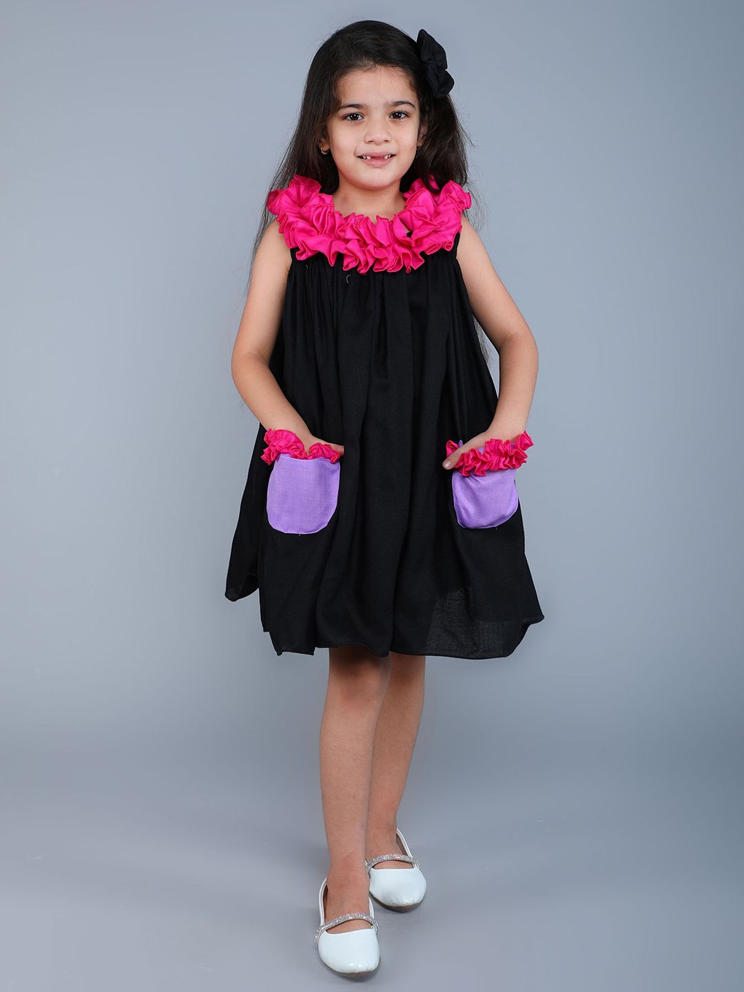 Pink Chick Girls Colourblocked Ruffles Round Neck A-Line Dress With Matching Clip