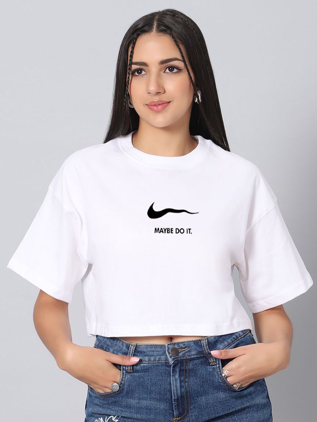 Besick Typography Printed Round Neck Drop-Shoulder Sleeves Cotton Oversized Crop T-shirt