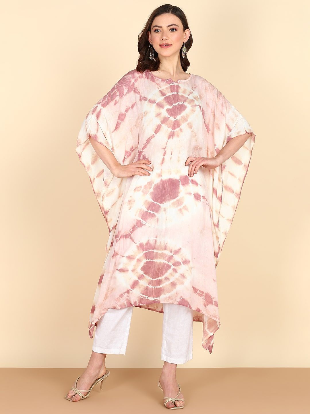 PinkTribe Women Round Neck Dyed Tie & Dye Flared Sleeves Kaftan Kurta