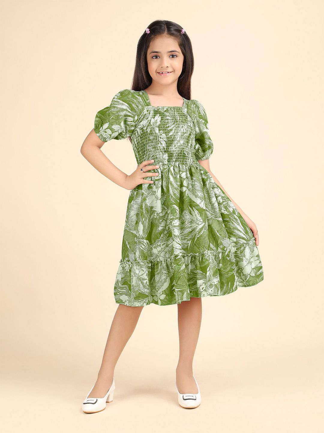 PTVIZE Girls Tropical Print Puff Sleeve Cotton Fit & Flare Dress
