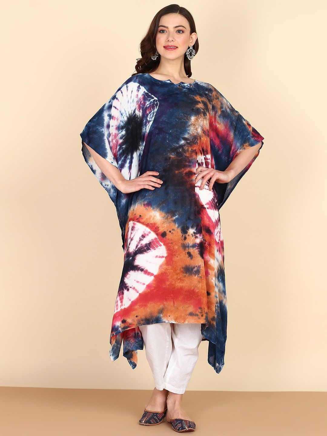 PinkTribe Tie & Dyed Notch Neck Flared Sleeves Kaftan Kurta
