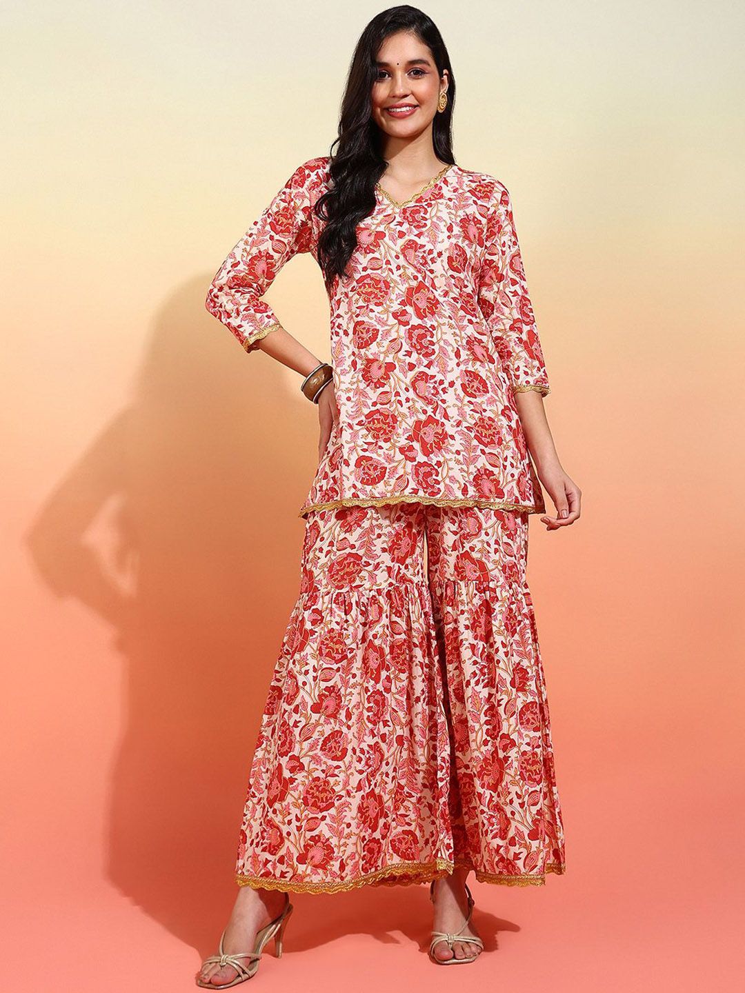 Mokshielite Floral Printed V-Neck Straight Kurta With Sharara