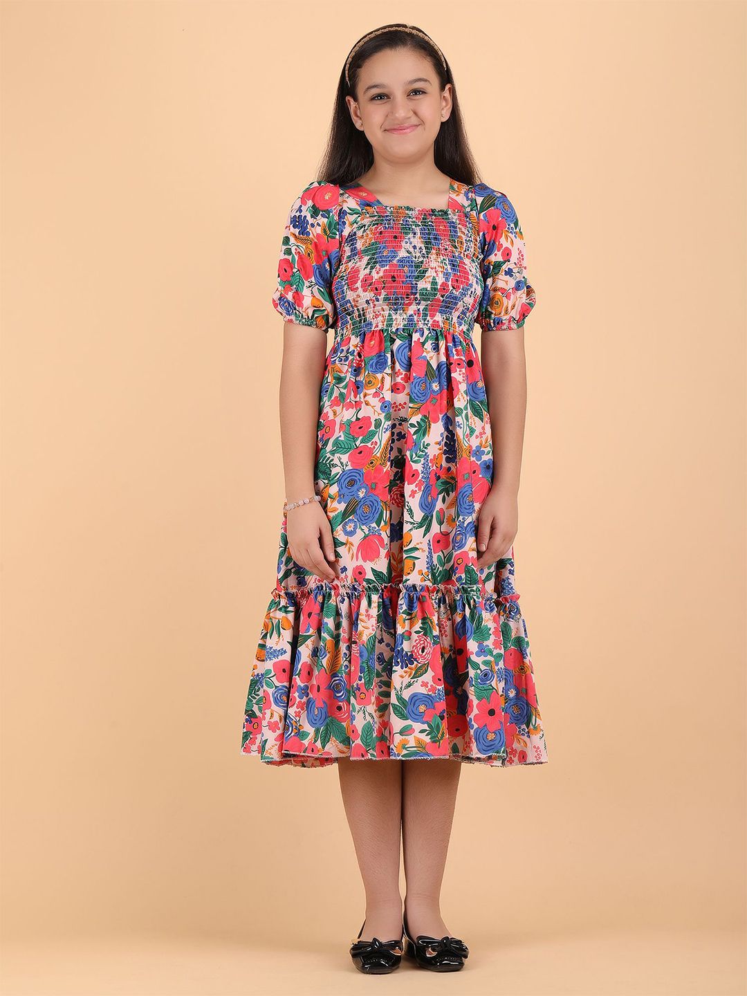 PTVIZE Girls Floral Printed Cotton Fit & Flare Midi Dress