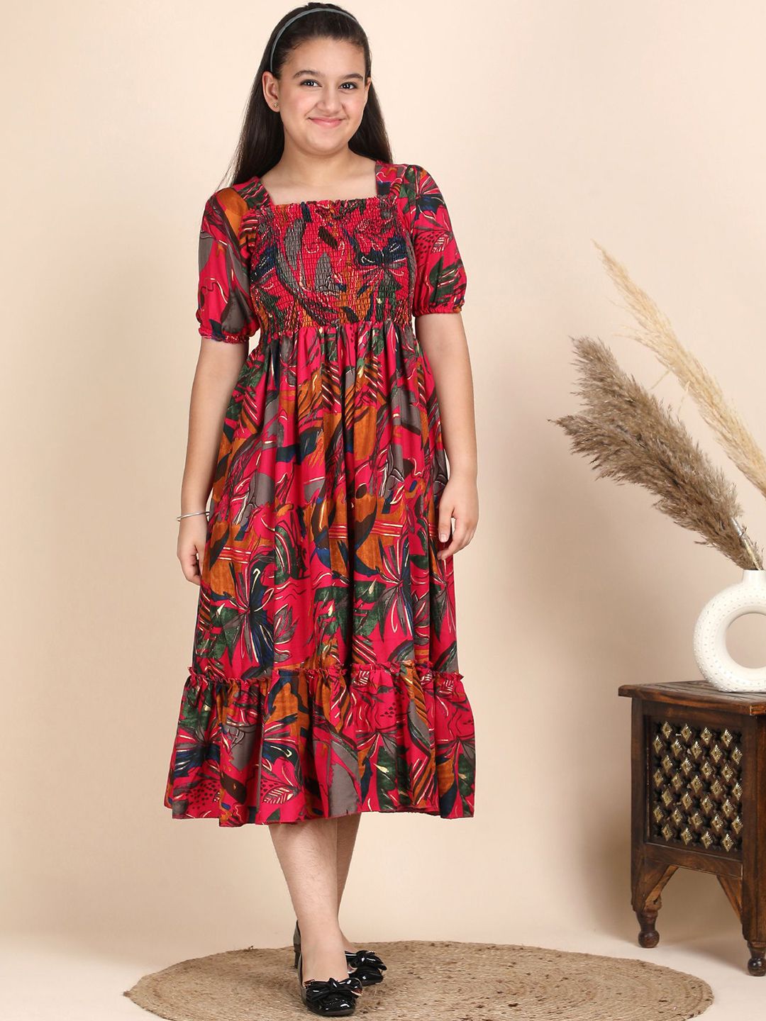 PTVIZE Girls Floral Printed Puff Sleeve Empire Midi Dress