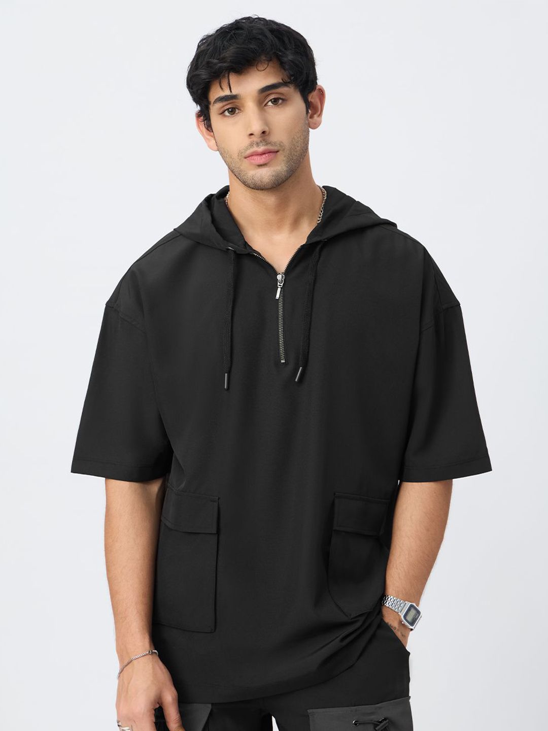 The Souled Store Men Oversized Fit Solid Black Hooded T-Shirts