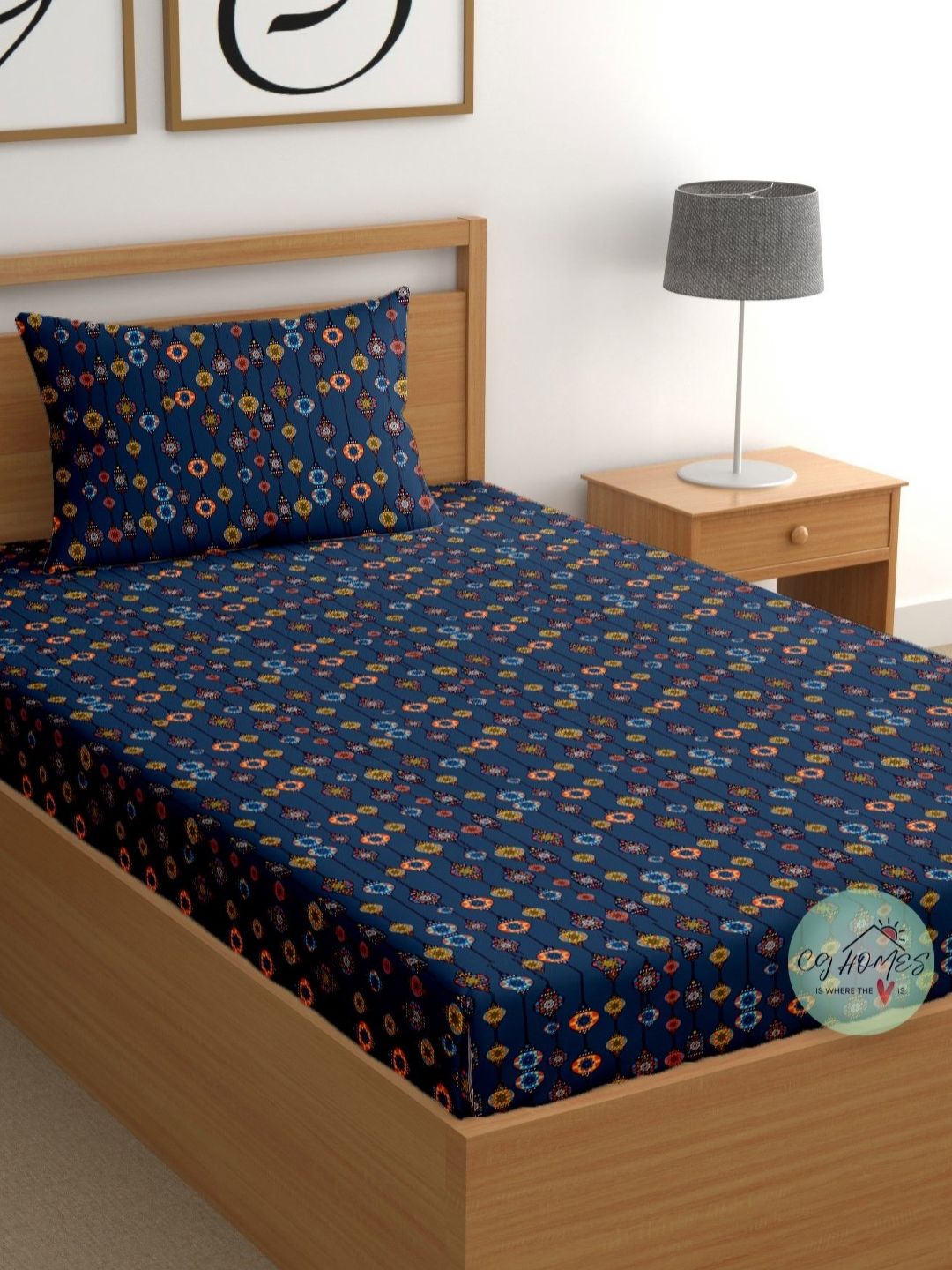 CG HOMES Blue & Yellow Floral 180 TC Cotton Single Bedsheet with 1 Pillow Covers