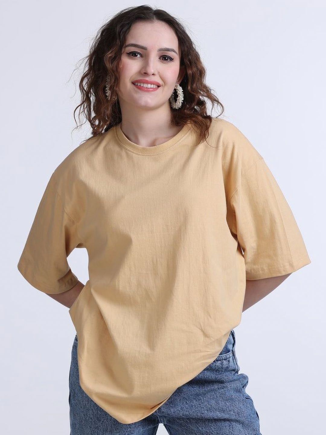 URBANICE Women Solid Round Neck Pure Cotton Oversized T-shirt