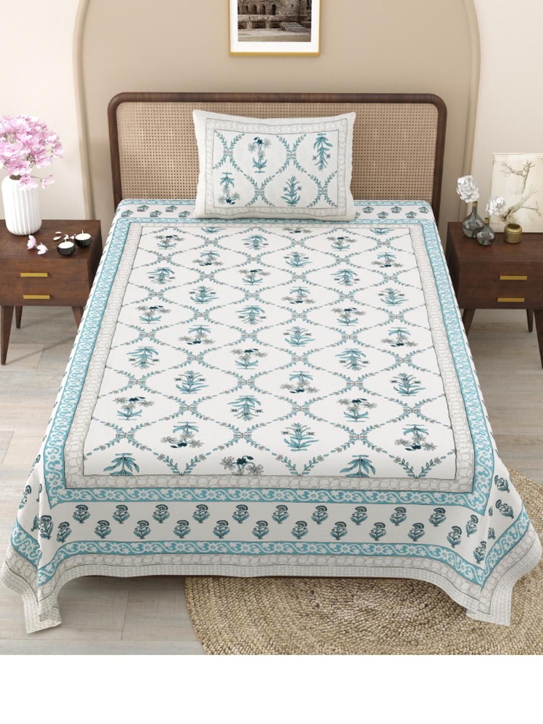 Shubastik Blue & White Floral 210 TC Single Bedsheet with 1 Pillow Covers