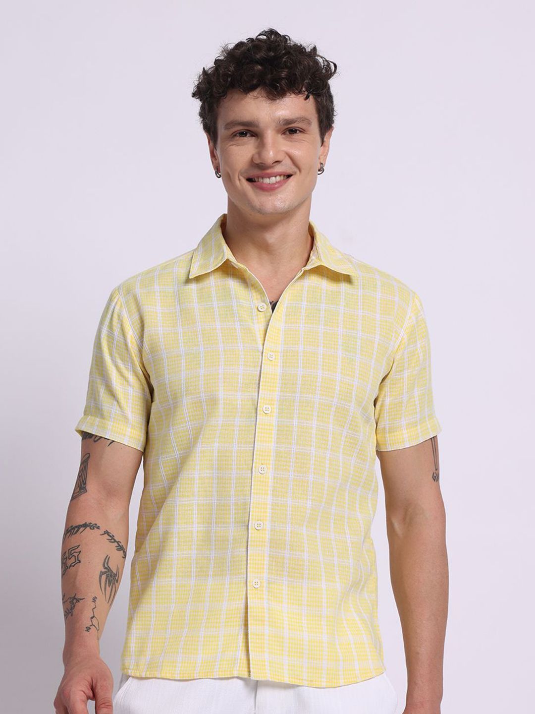 PANIT Men Standard Fit Checked Spread Collar Cotton Casual Shirt