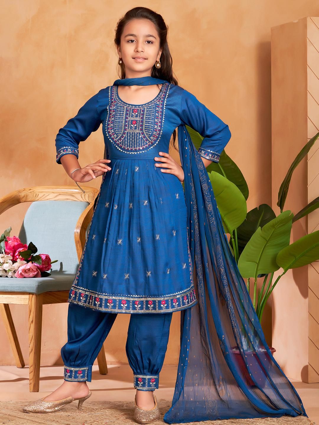 Muhuratam Girls Blue Cotton Blend Kurta Sets