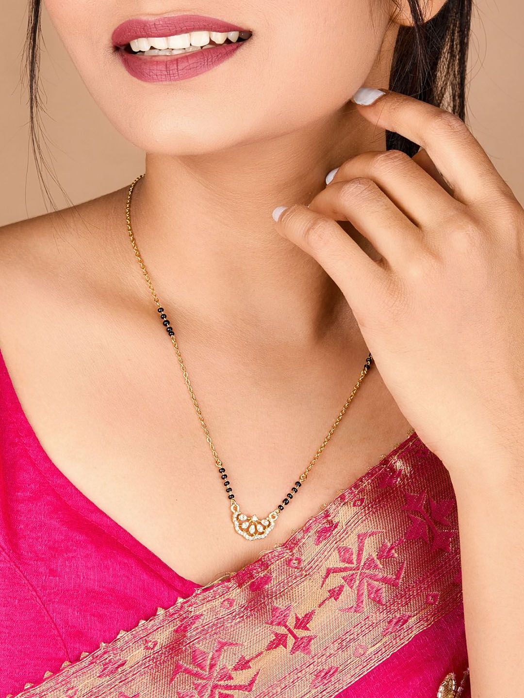 TKRB SALES Gold-Plated American Diamond Studded & Beaded Mangalsutra