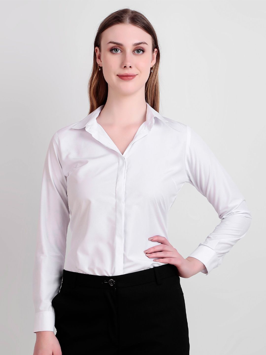 SWAZ Women White Regular Fit Solid Spread Collar Formal Shirt