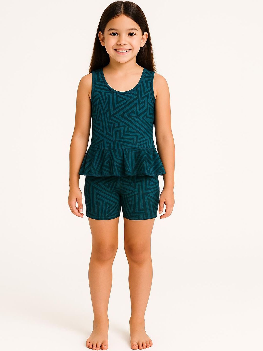 Apraa & Parma Girls Printed Round Neck Swimming Dress With Attached Shorts