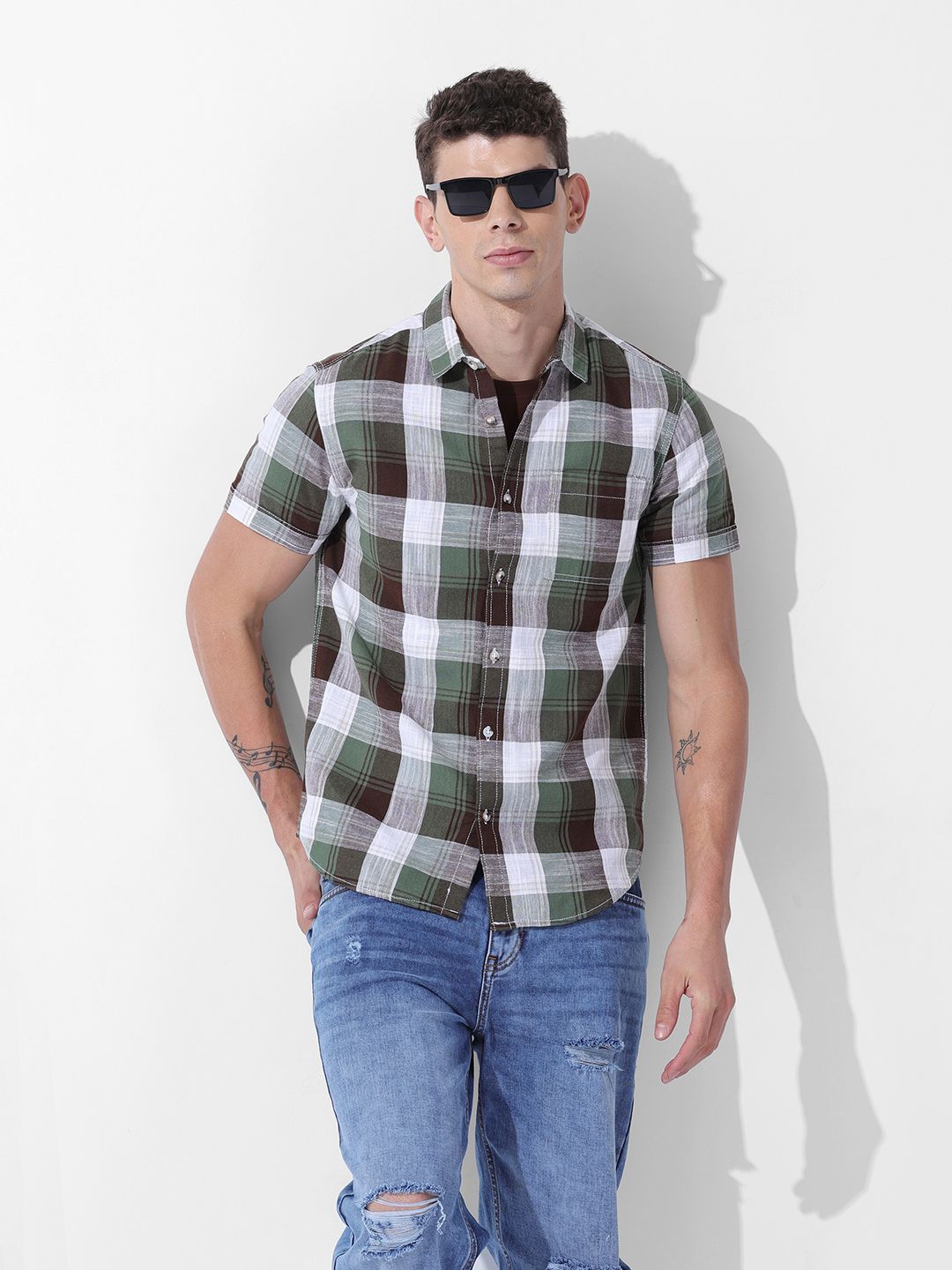 The Indian Garage Co Slim Fit Checked Cutaway Collar Cotton Casual Shirt