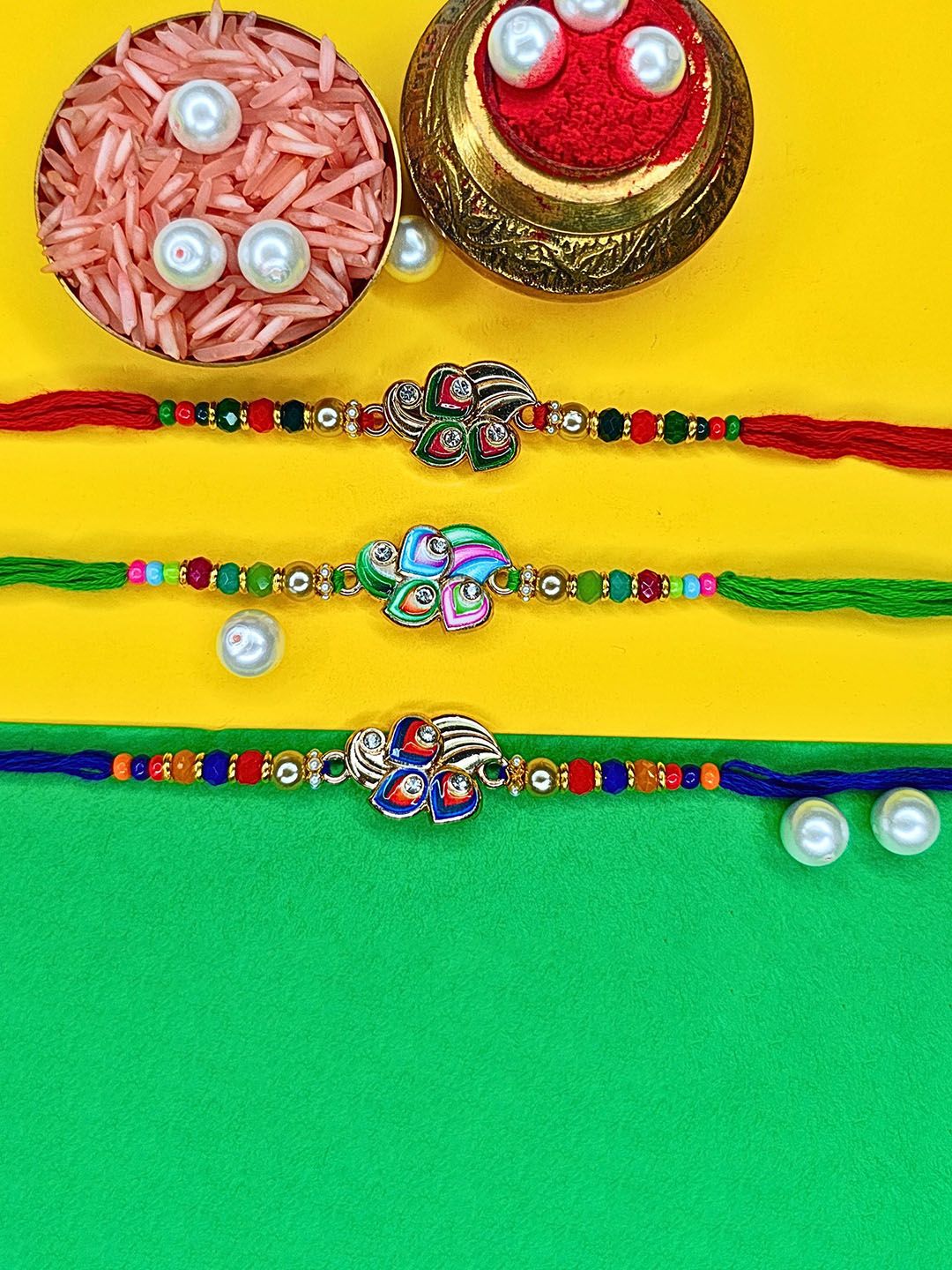 MANSIYAORANGE Set Of 3 Artificial Beaded Thread Rakhi
