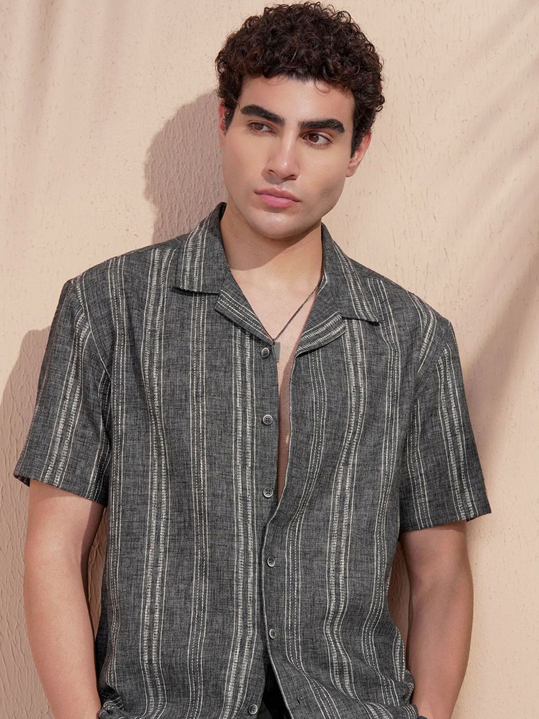 HIGHLANDER Vertical Striped Cuban Collar Relaxed Fit Shirt
