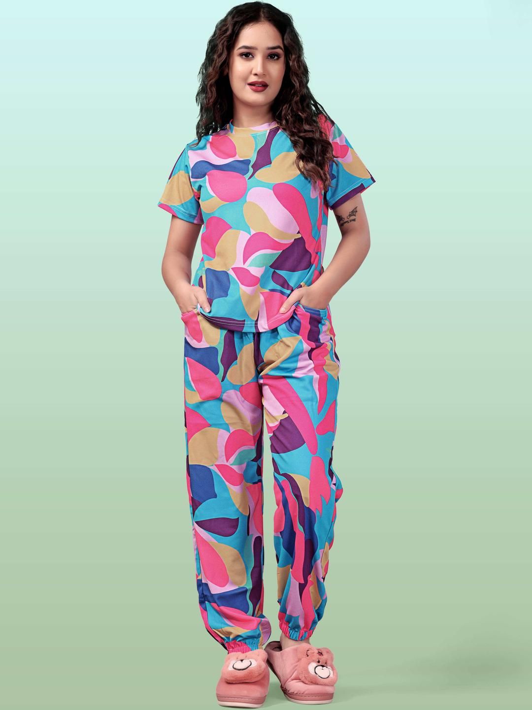 SAKARMAA Women Printed Cotton T-shirt & Pyjama Night Suit Set