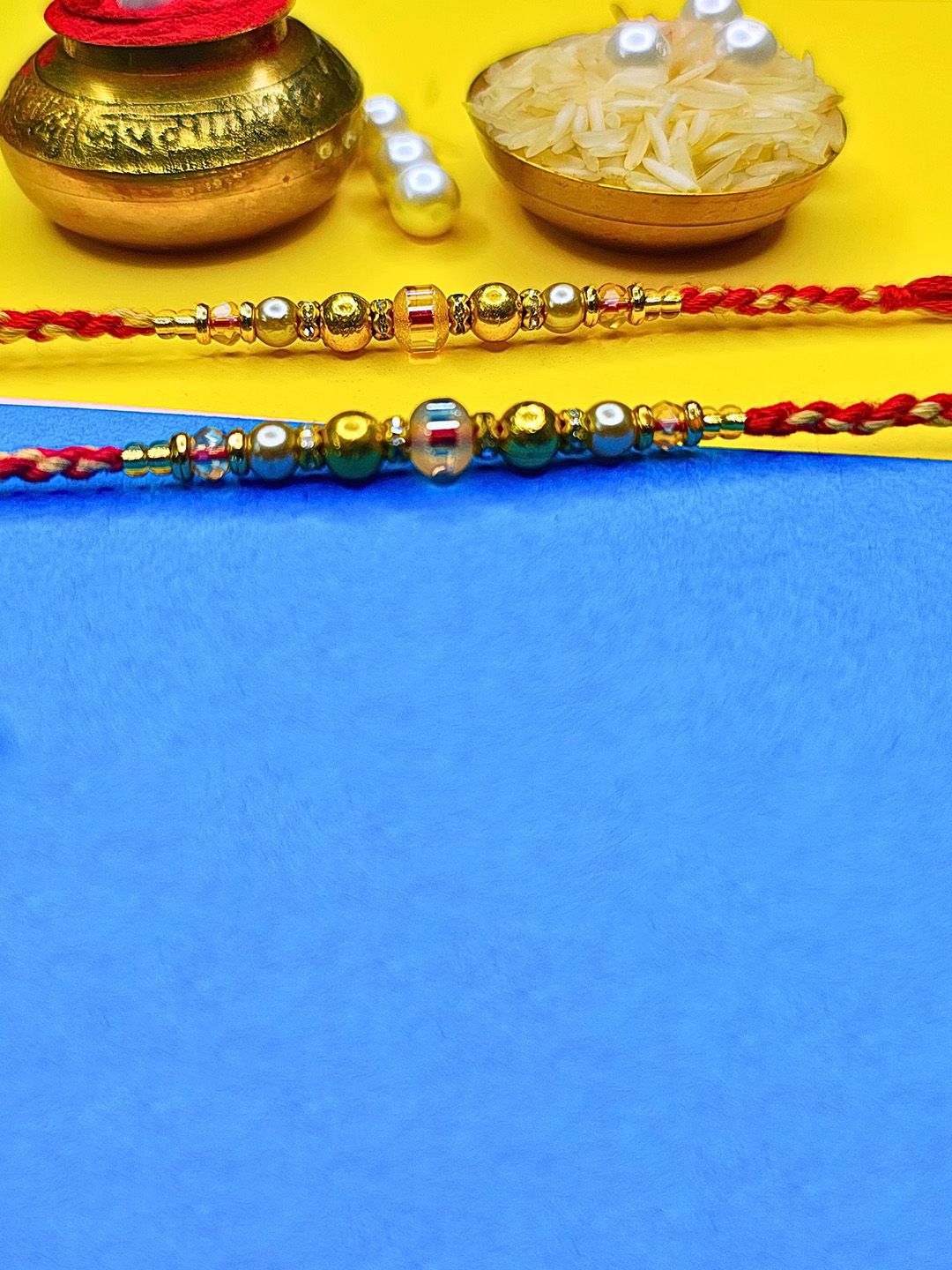 MANSIYAORANGE Set Of 2 Beaded Cotton Thread with AD Stones & Meenakari Thread Rakhi