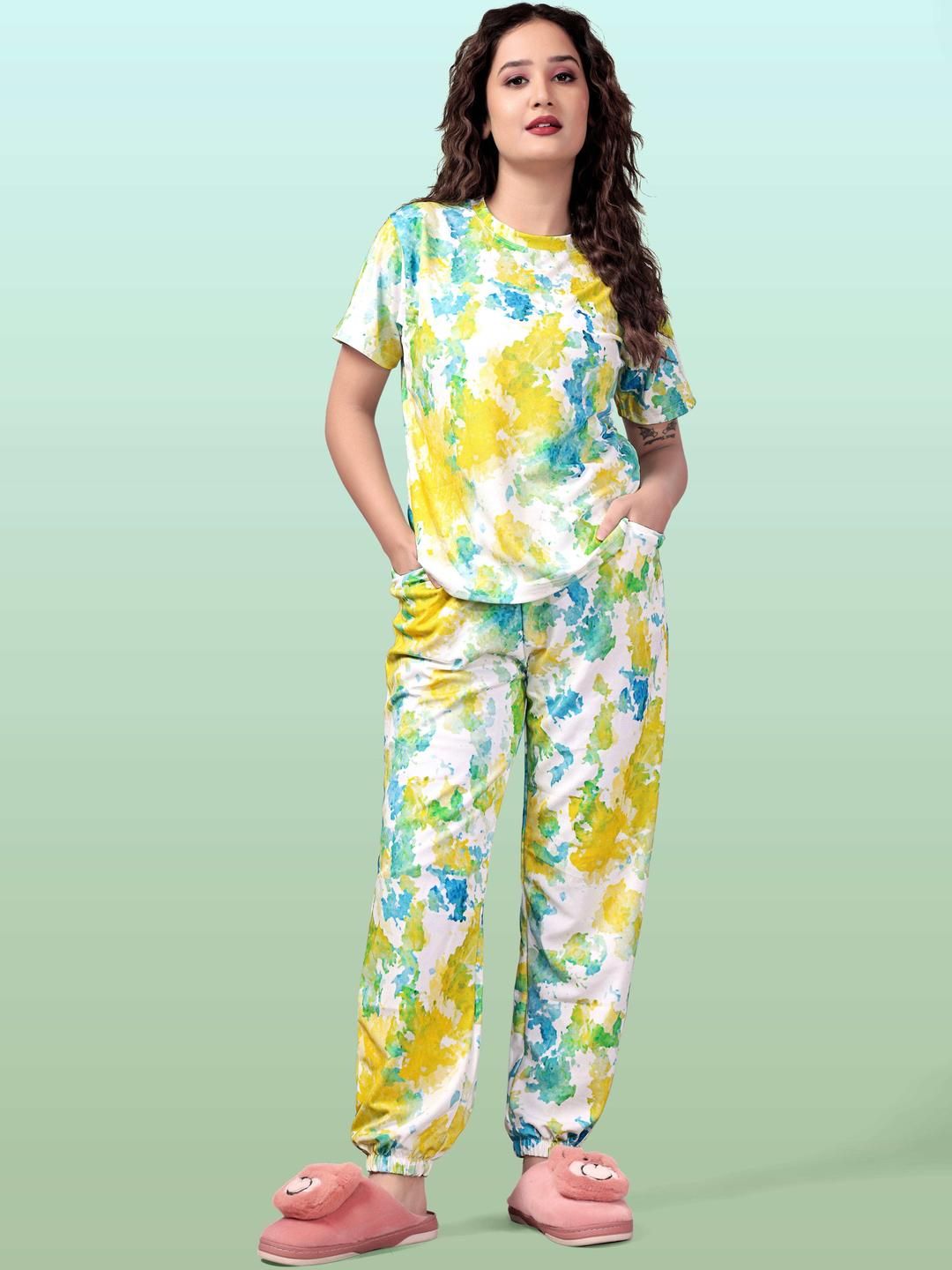 SAKARMAA Women Abstract Printed Round Neck Night suit