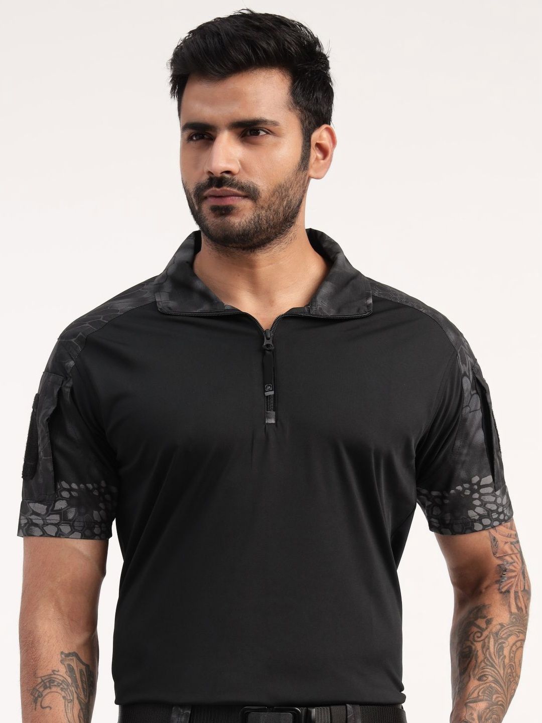 MOUNTMILLER Abstract Printed Polo Collar Pockets Cotton Tactical T-shirt