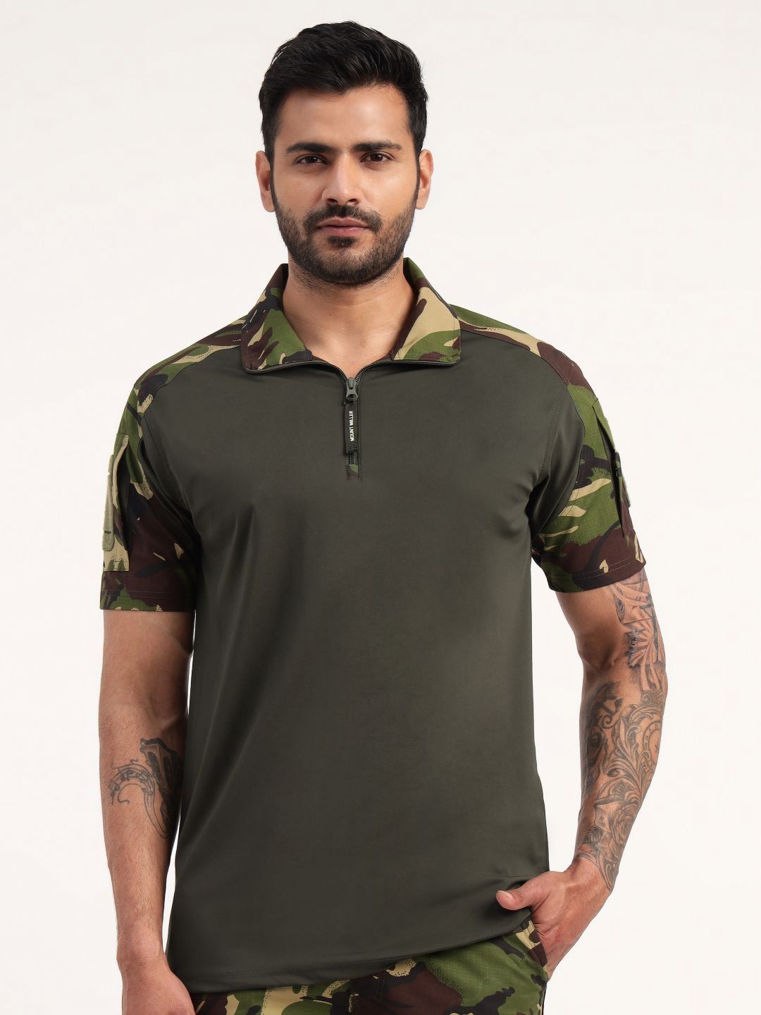 MOUNTMILLER Abstract Printed Polo Collar Pockets Cotton Tactical T-shirt