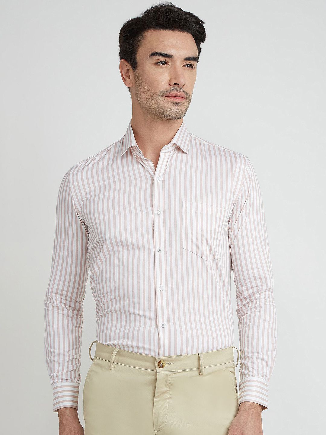 MARK & ALBERT Men India Slim Fit Vertical Stripes Spread Collar Cotton Formal Shirt