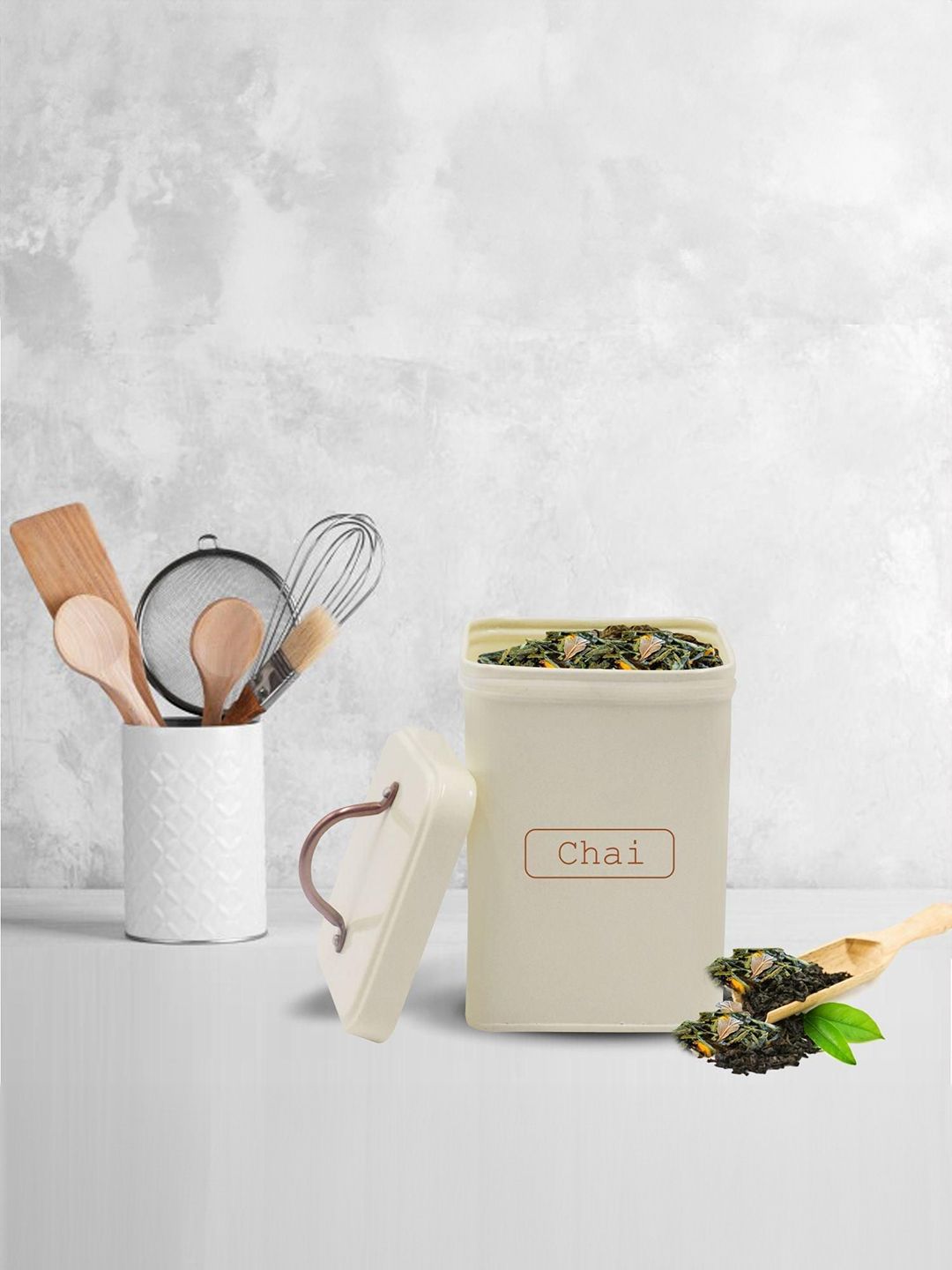 MARKET99 Ivory Metal Airtight Chai printed Tea Jar-1000 ml