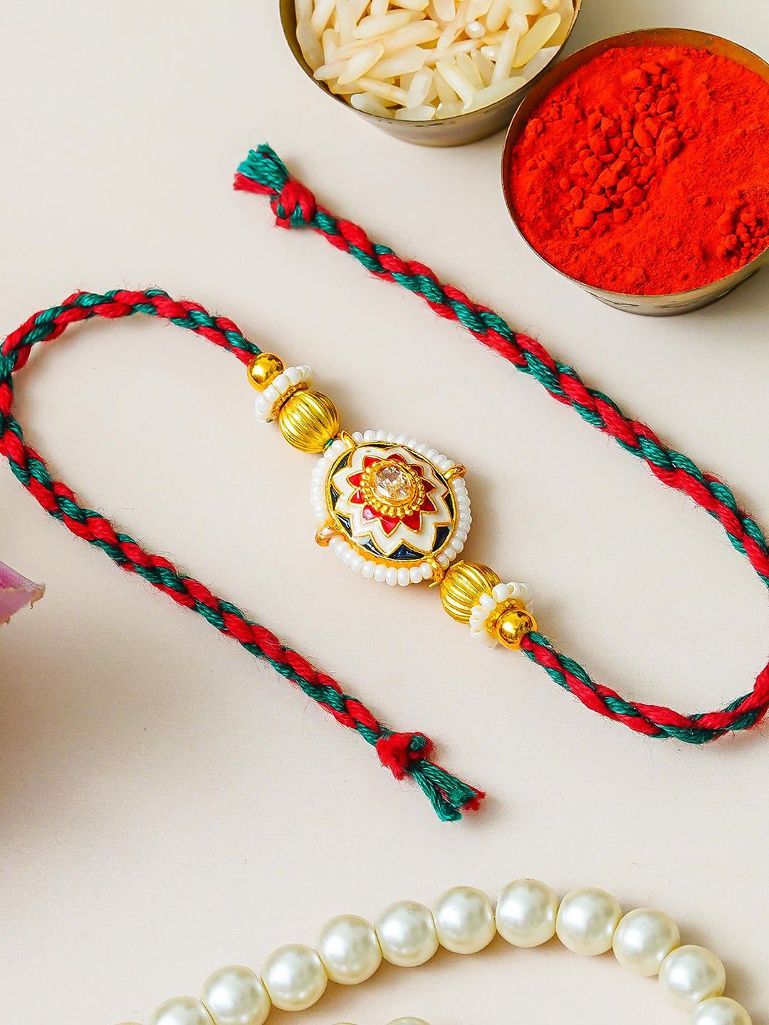 ahoora Kundan Studded & Pearls Beaded Thread Rakhi Chawal & Kumkum