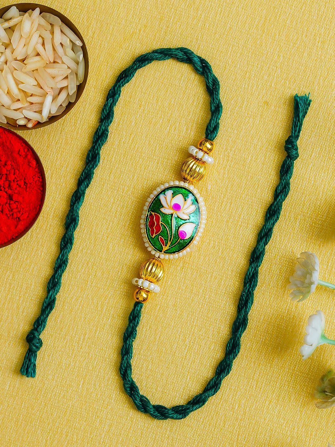 ahoora Kundan Studded & Pearls Beaded Thread Rakhi With Chawal & Kumkum