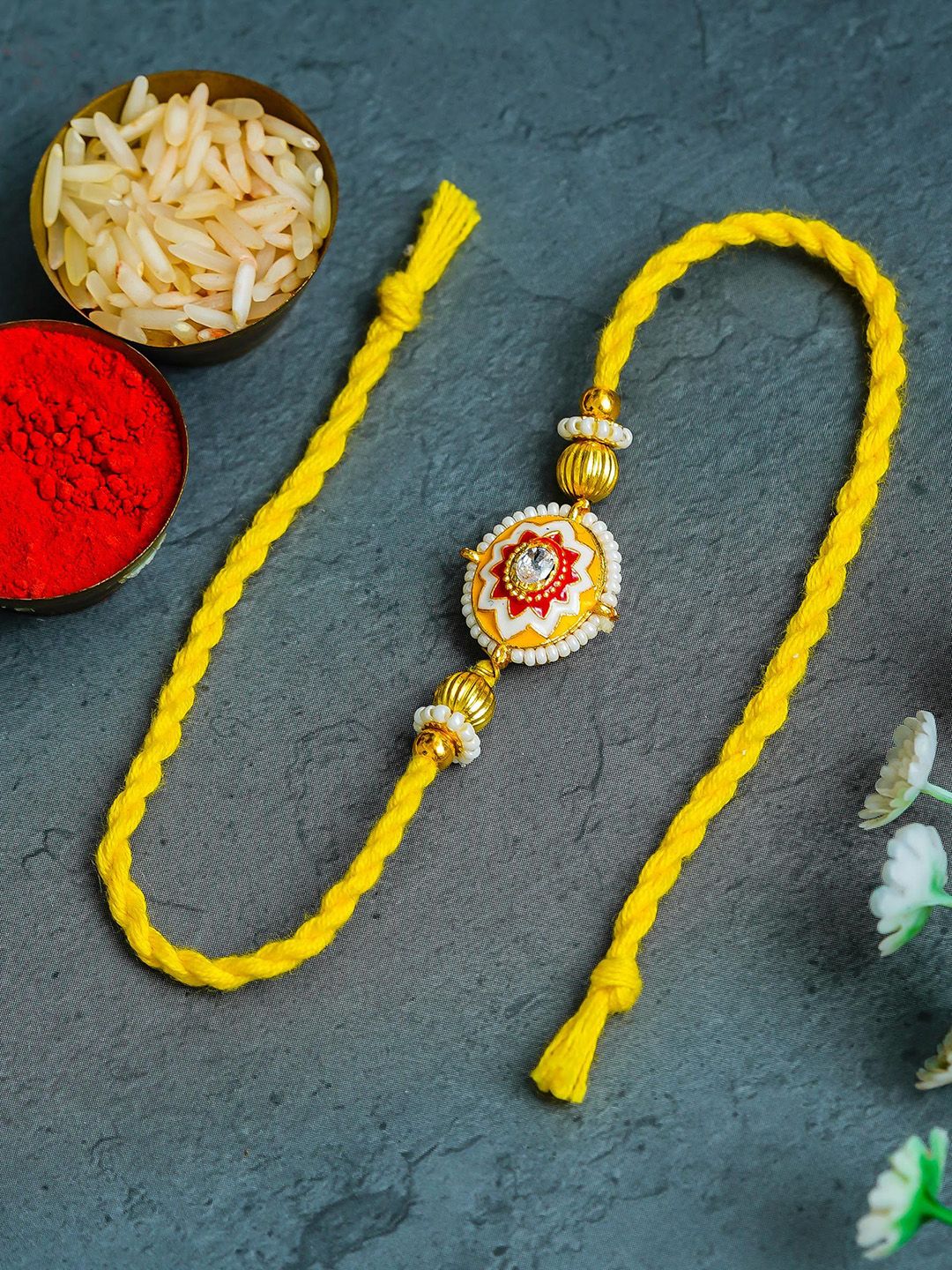 ahoora Kundan Studded & Pearls Beaded Thread Rakhi Chawal & Kumkum