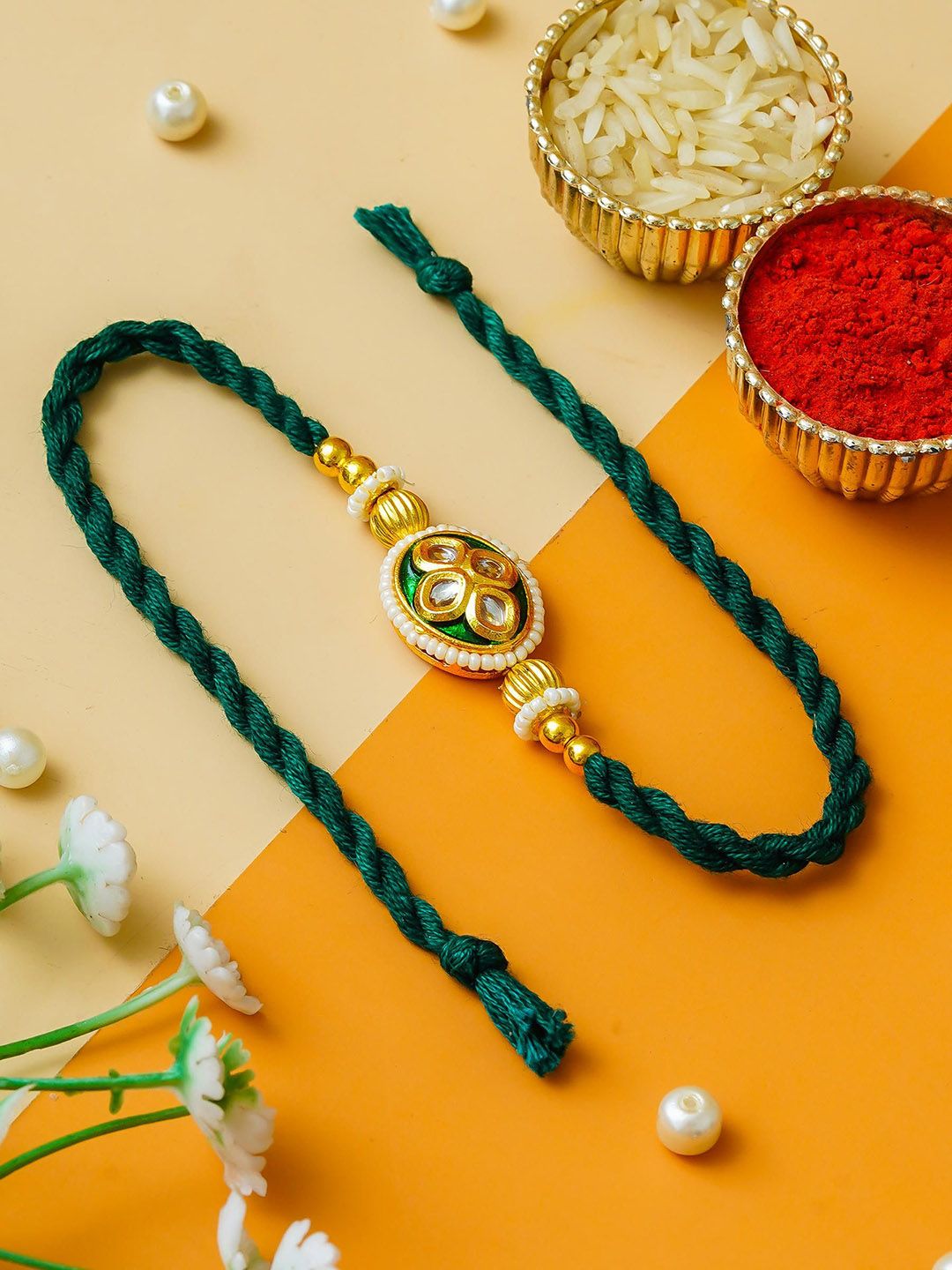 ahoora Kundan Studded & Pearls Beaded Thread Rakhi Chawal & Kumkum