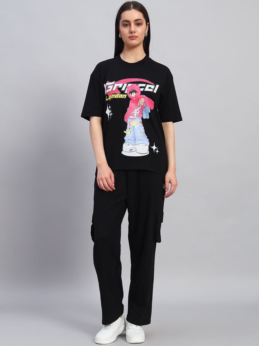 GRIFFEL Self-Design Oversized-Fit Pure Cotton T-Shirt & Track Pants Co-Ord Set