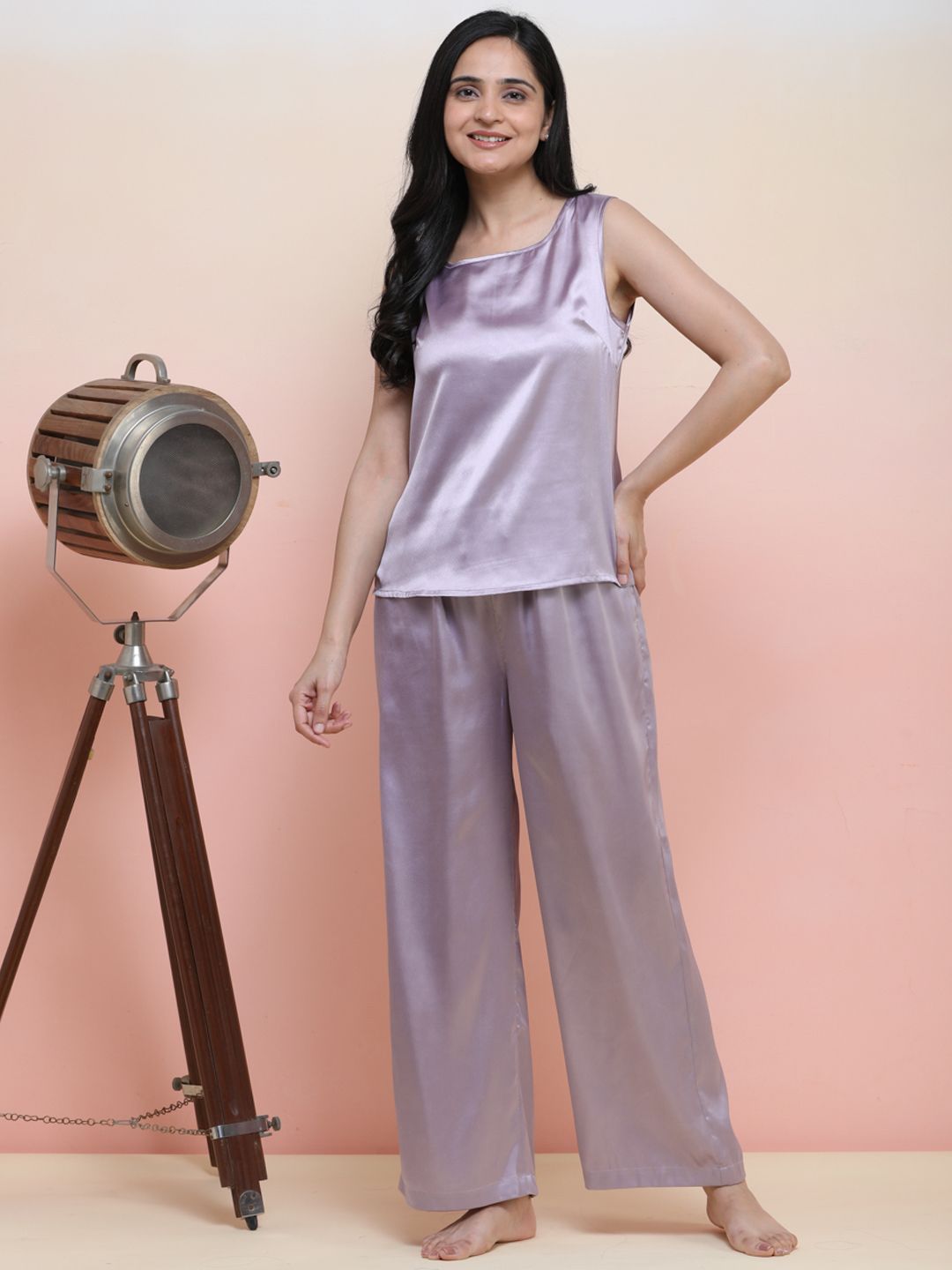 Slumber Jill Women Solid Round Neck Sleeveless Satin Night suit