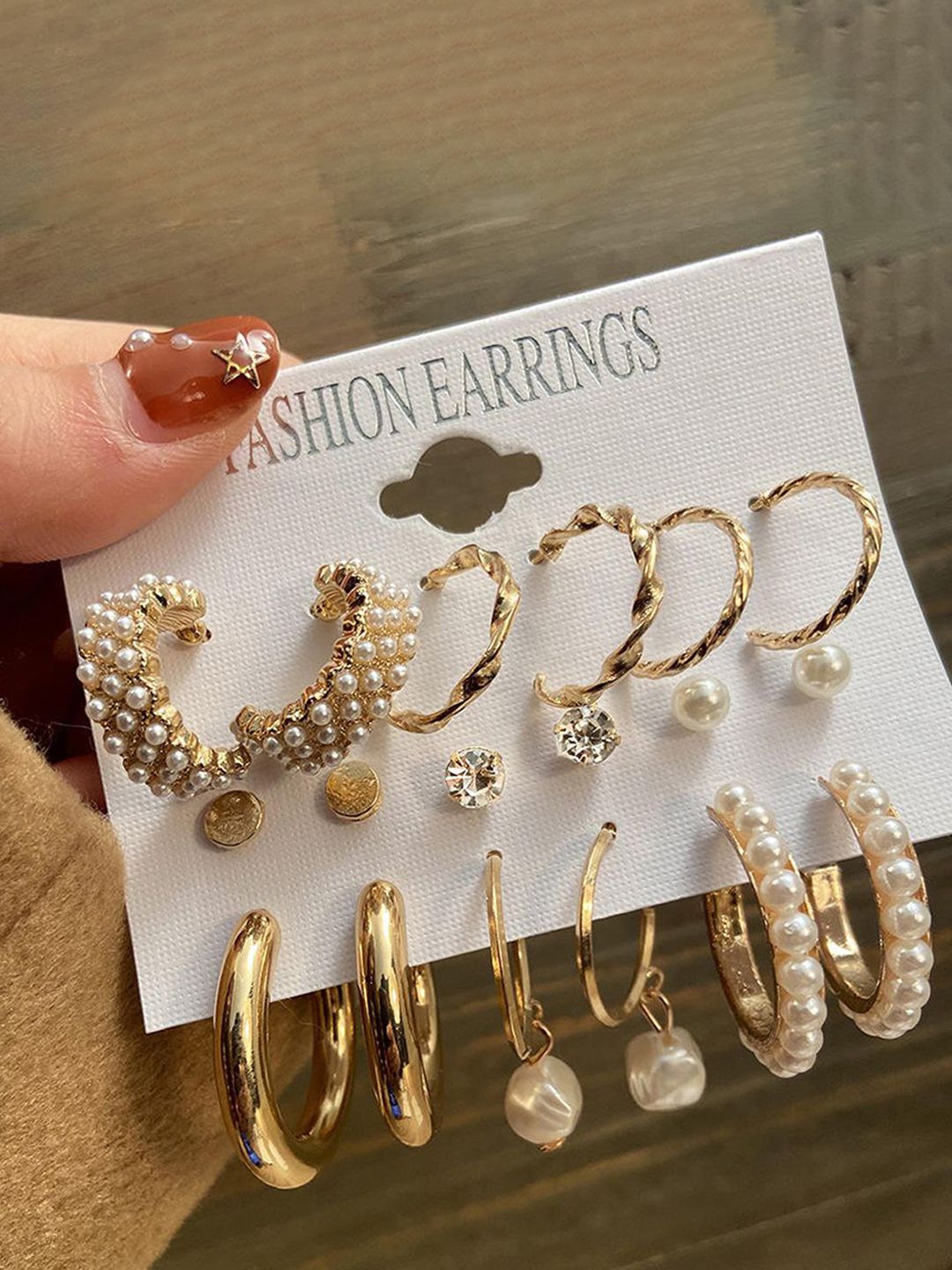 GOLDIWALA Set Of 9 Gold Plated Pearls Beaded Contemporary Half Hoop Earrings